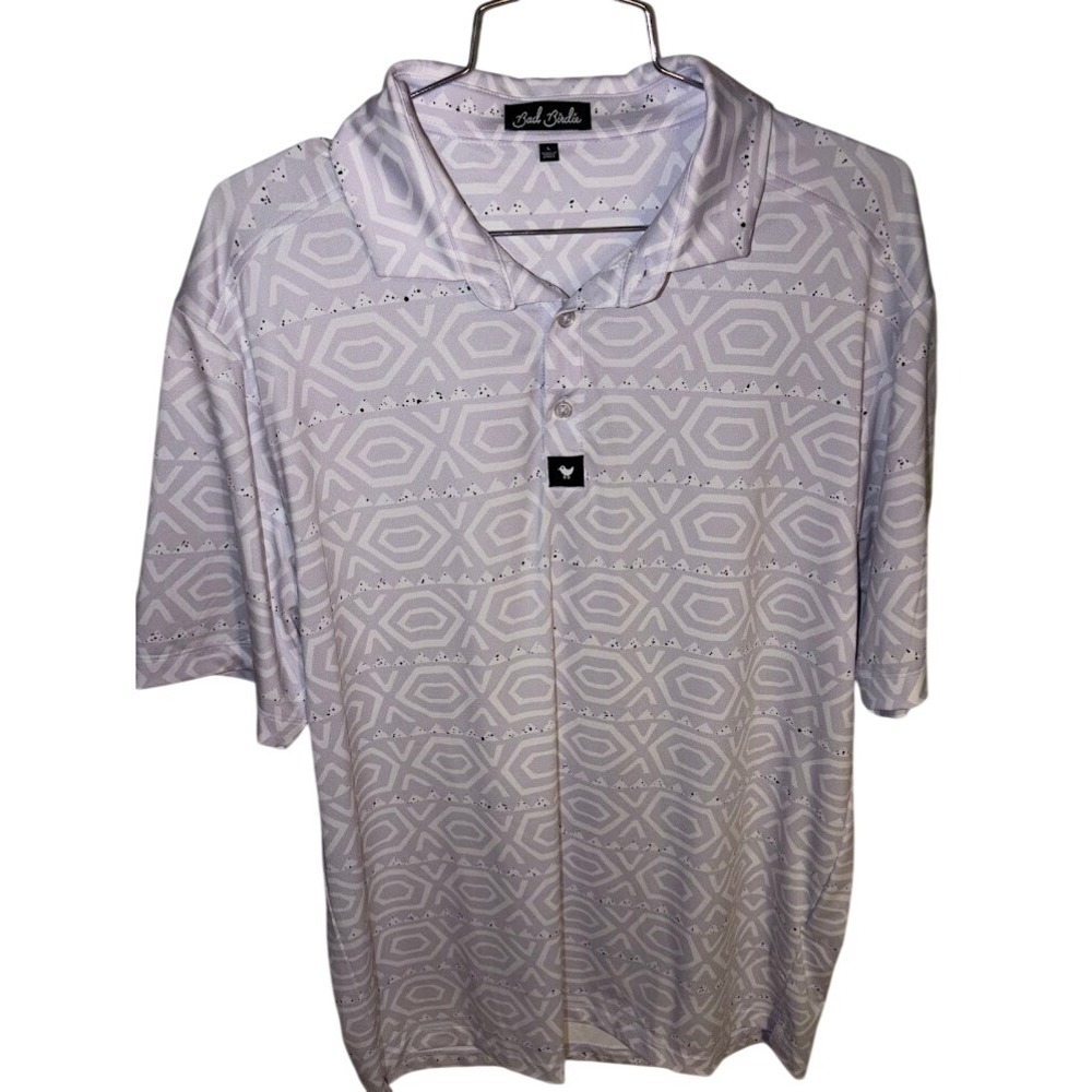 Bad Birdie Mens Golf Polo Shirt Large Purple White Geometric Hexagon Print Short